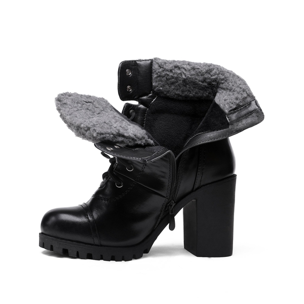 Chunky Heel Warm Ankle Boots - BLACK PU - 3